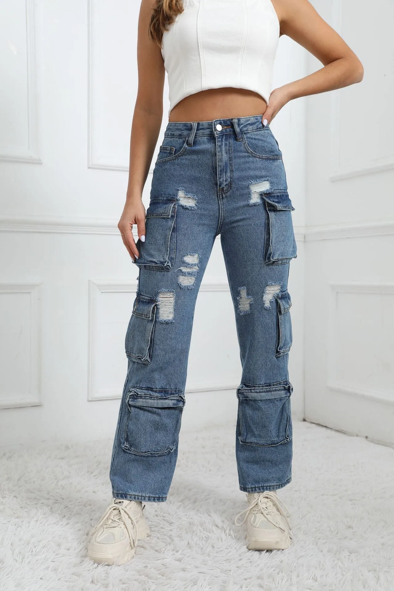 Ripped jeans with pockets-D560 | Inspanda
