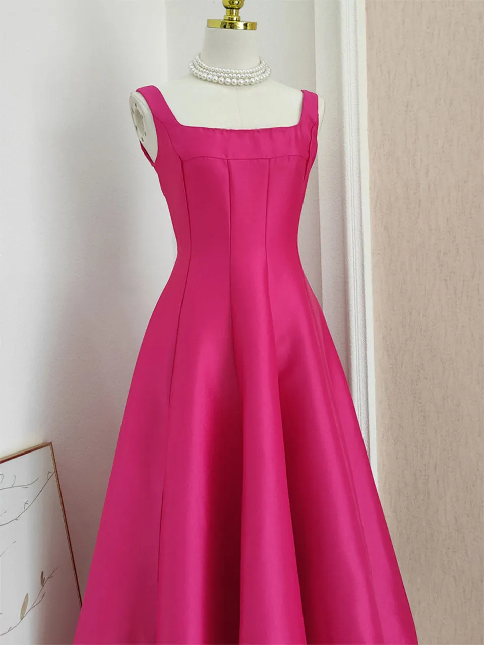 Rose Satin Sleeveless Classic 1950S Vintage Sweet Party Dress