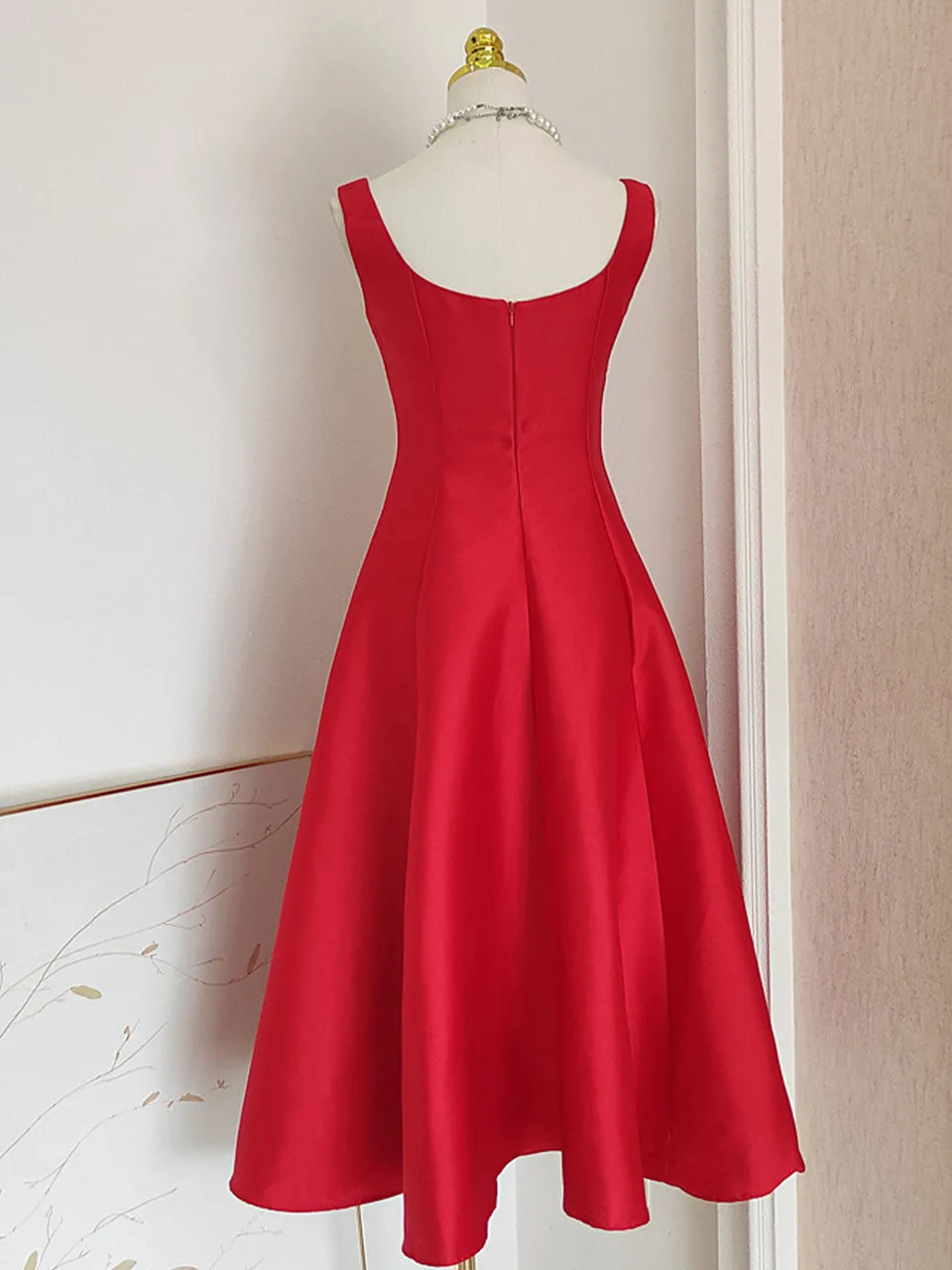 Rose Satin Sleeveless Classic 1950S Vintage Sweet Party Dress