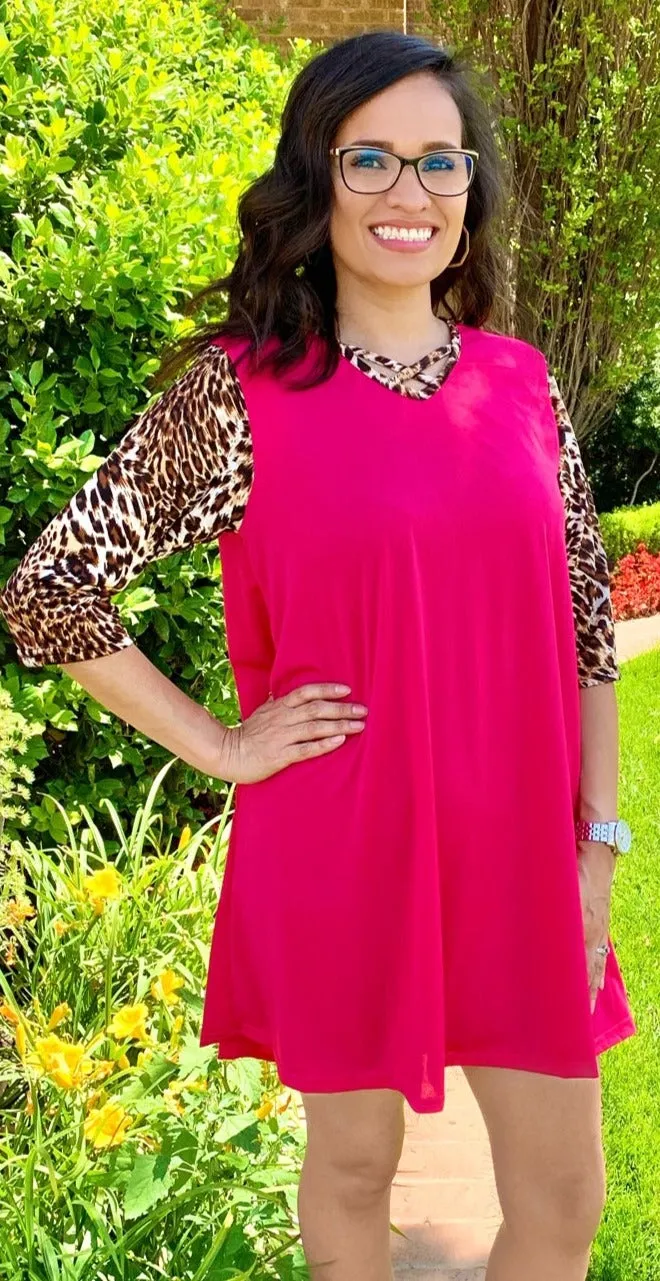 S, M, L,  3X : Pink Flutter Tunic Dress with Leopard Sleeves & Criss Cross Neck
