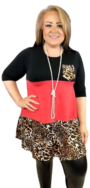 S-M-L : Black, Coral, and Leopard Color Block Flutter Tunic with Pocket