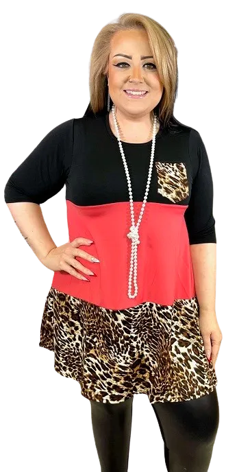 S-M-L : Black, Coral, and Leopard Color Block Flutter Tunic with Pocket
