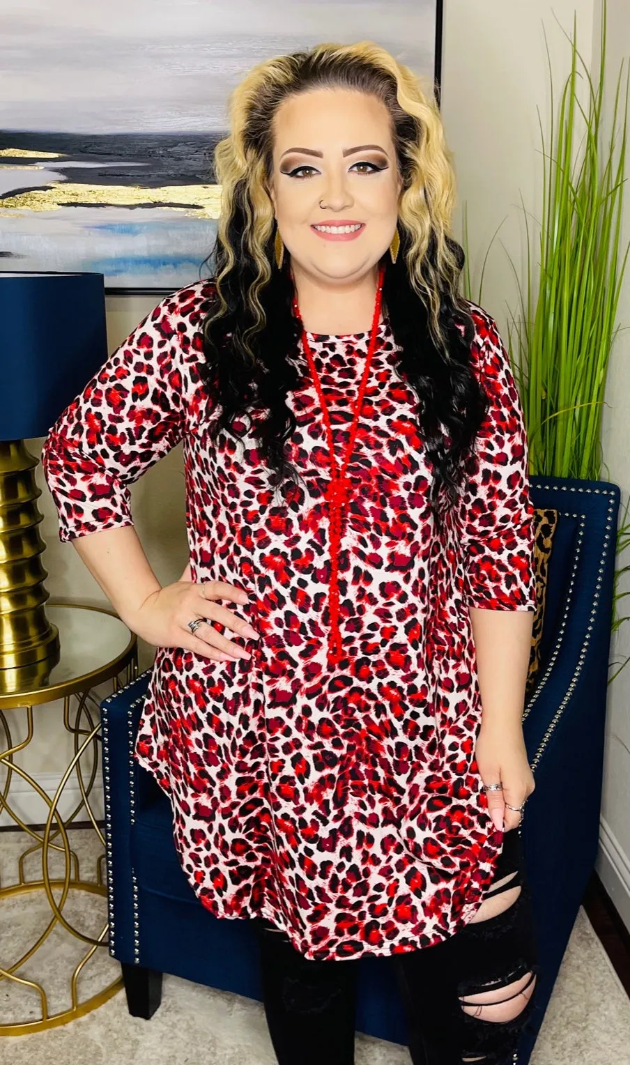 S-M : Red & White Leopard Scoop Tunic