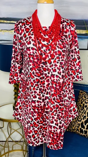 S-M : Red & White Leopard Scoop Tunic