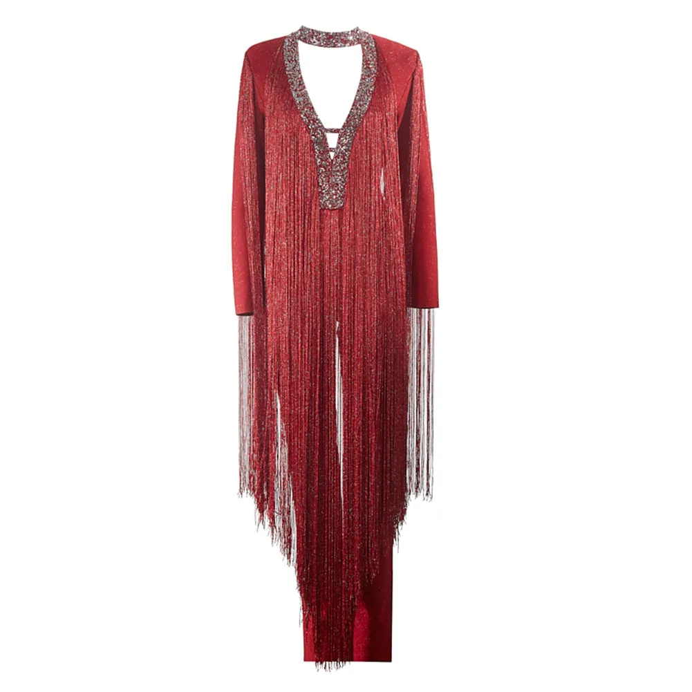 Semi-High Collar Long Sleeve Tassels Bandage Jumpsuit PZC2629