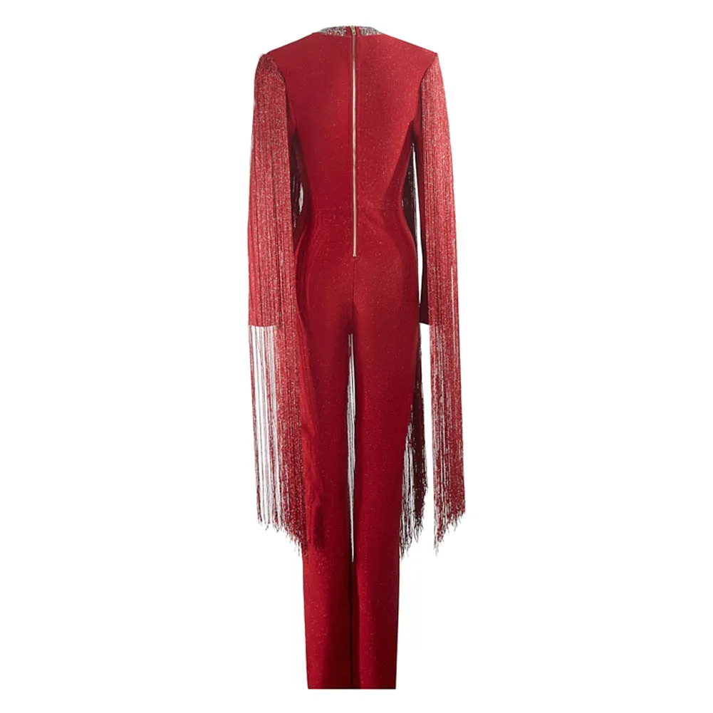 Semi-High Collar Long Sleeve Tassels Bandage Jumpsuit PZC2629