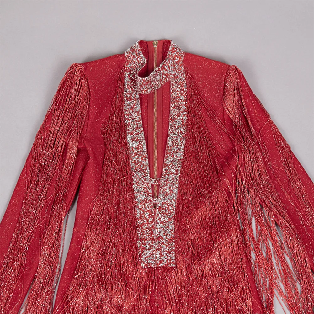 Semi-High Collar Long Sleeve Tassels Bandage Jumpsuit PZC2629