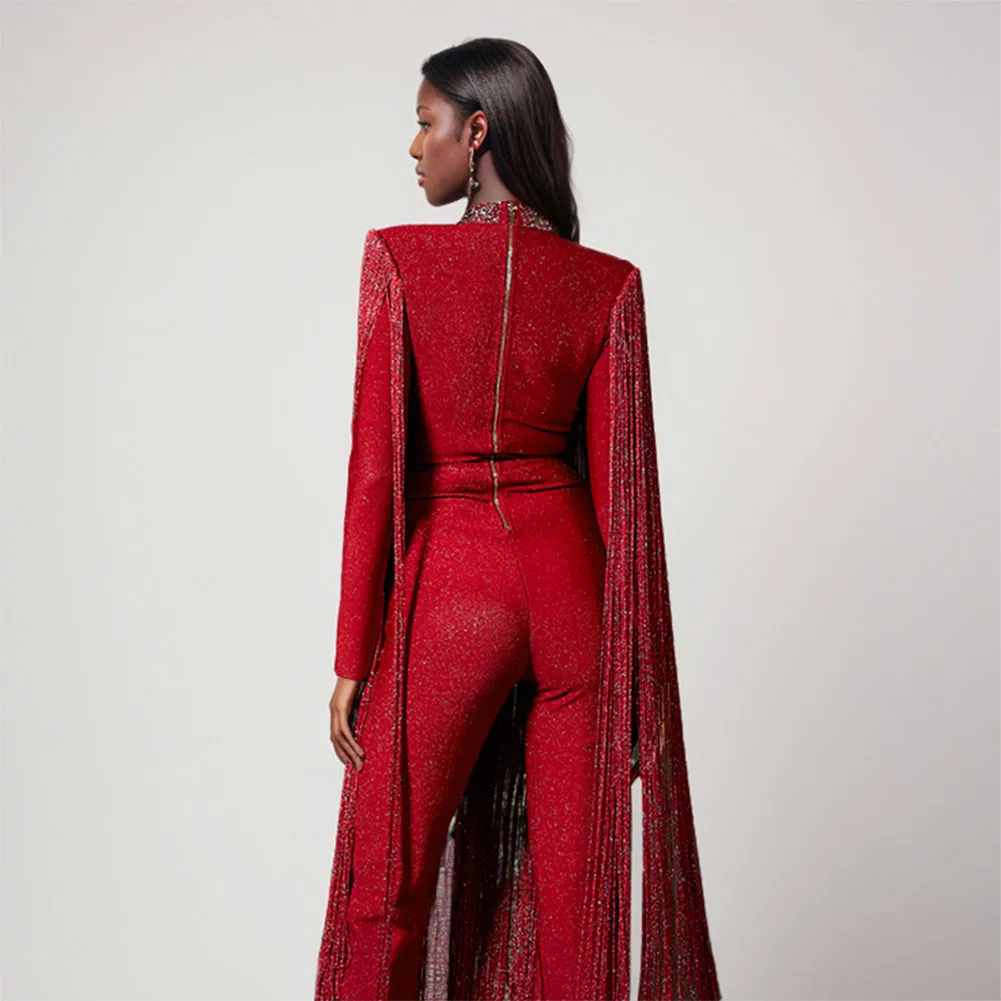 Semi-High Collar Long Sleeve Tassels Bandage Jumpsuit PZC2629