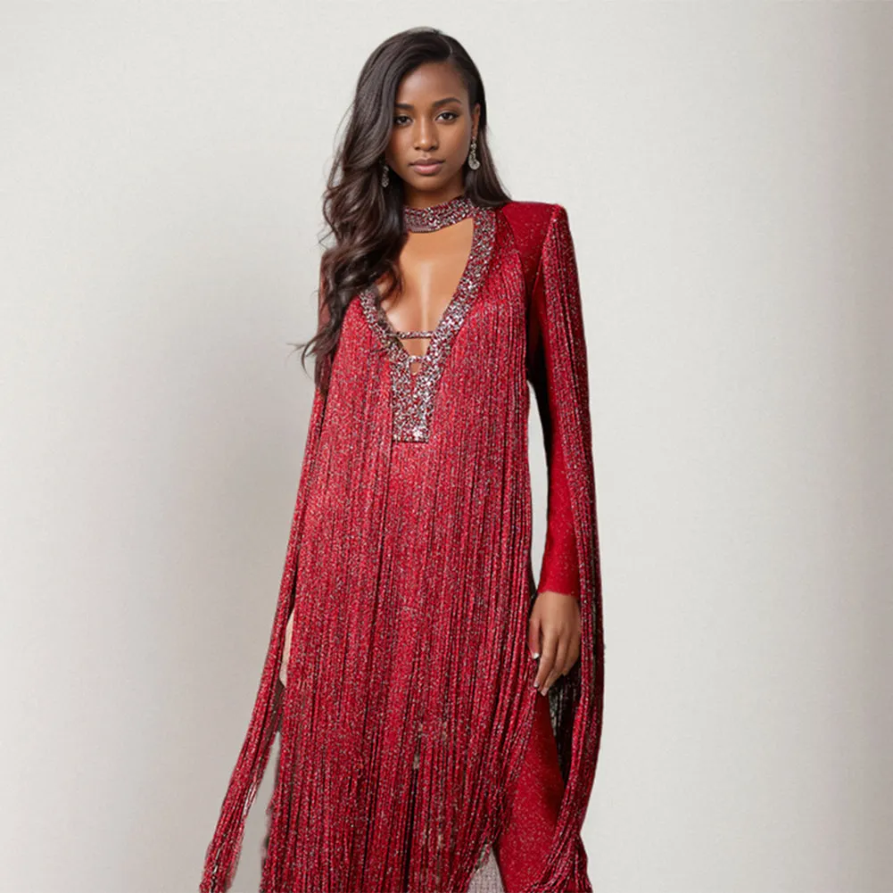 Semi-High Collar Long Sleeve Tassels Bandage Jumpsuit PZC2629
