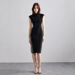Semi-High Collar Zebra Print Over Knee Bandage Dress PZZF007