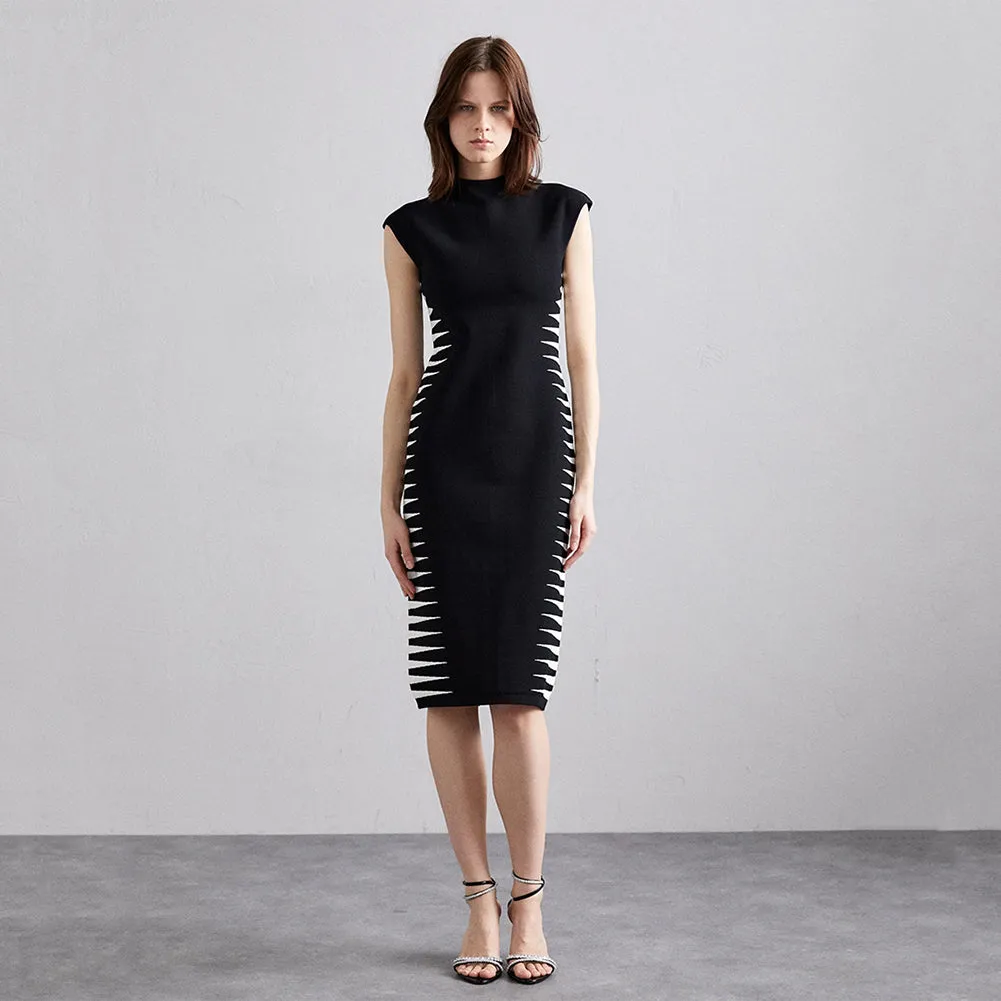 Semi-High Collar Zebra Print Over Knee Bandage Dress PZZF007