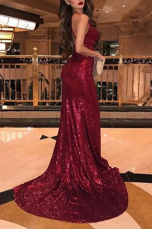 Sequins Brugundy Prom Dress with Drapped Neckline
