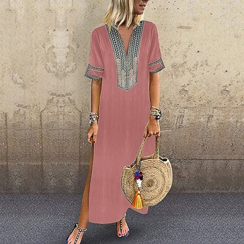 Short Sleeve V-Neck patterned Maxi Dress with Leg Slit