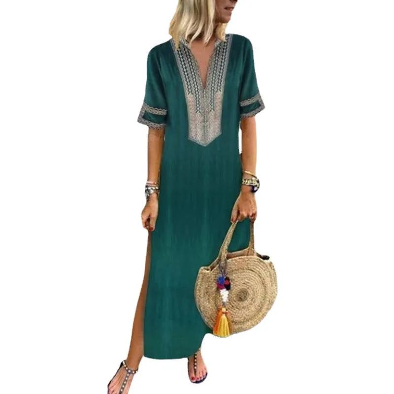Short Sleeve V-Neck patterned Maxi Dress with Leg Slit