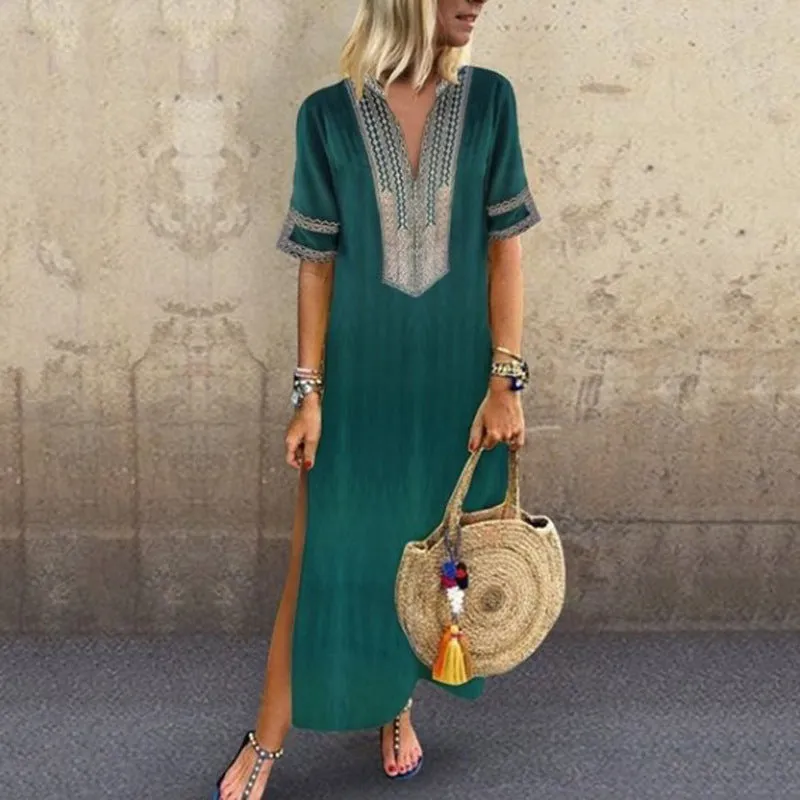 Short Sleeve V-Neck patterned Maxi Dress with Leg Slit