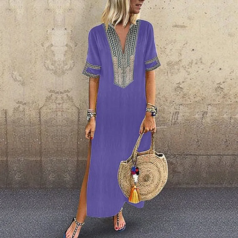 Short Sleeve V-Neck patterned Maxi Dress with Leg Slit