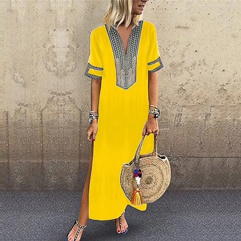 Short Sleeve V-Neck patterned Maxi Dress with Leg Slit