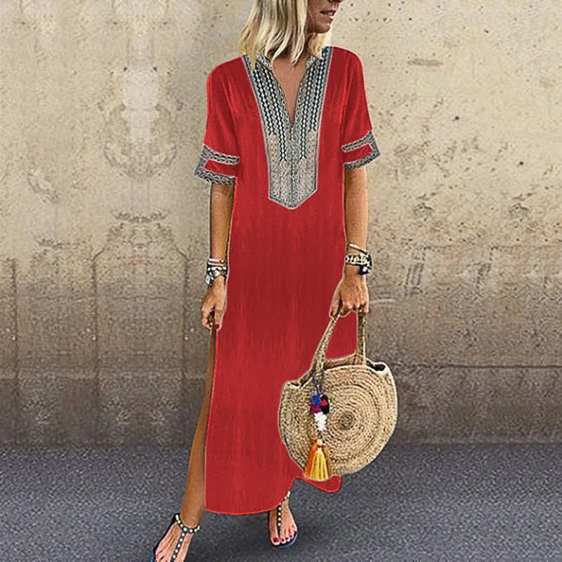 Short Sleeve V-Neck patterned Maxi Dress with Leg Slit