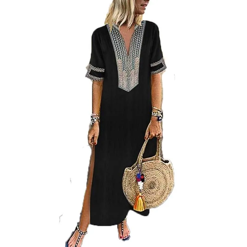 Short Sleeve V-Neck patterned Maxi Dress with Leg Slit