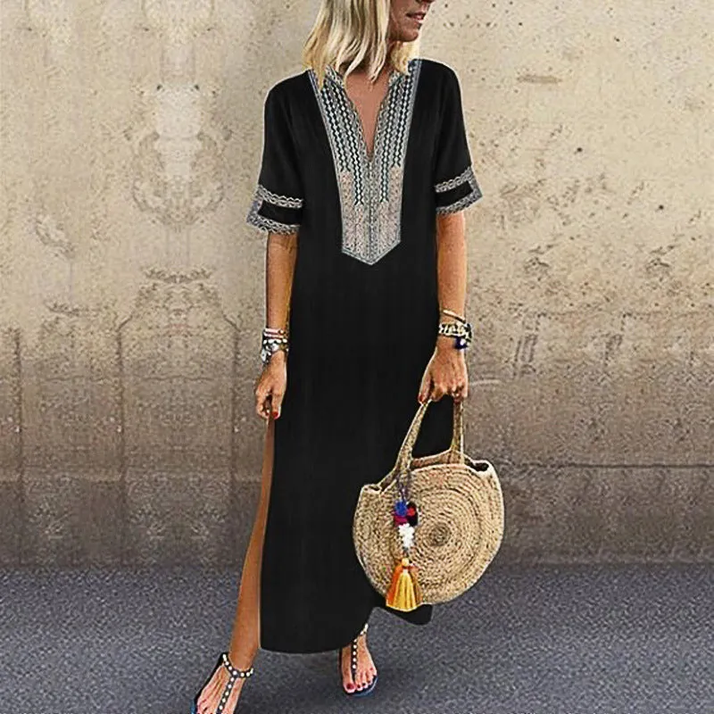 Short Sleeve V-Neck patterned Maxi Dress with Leg Slit