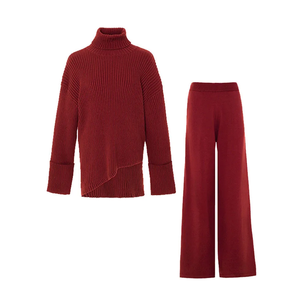 Simple Loose High Collar Sunken Stripe Beveled Sweater Knitted Trousers Suit