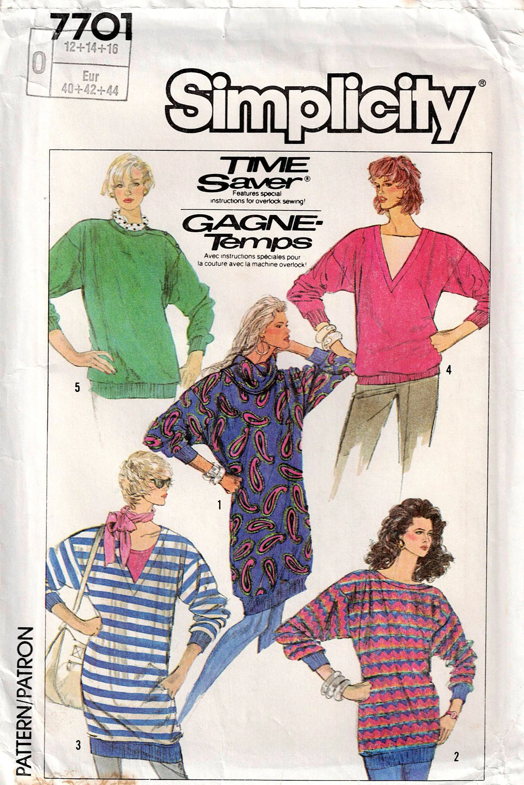 Simplicity 7701 Womens EASY Stretch Knit Tunic Tops 1980s Vintage Sewing Pattern Size 12 - 16 UNCUT Factory Folded