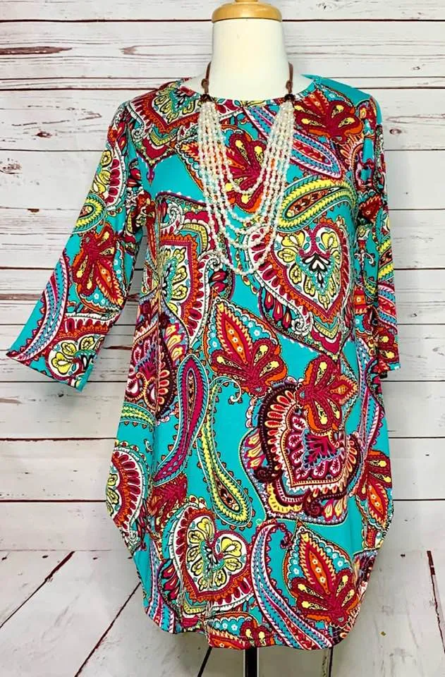 S/M : Turquoise Multi Paisley Scoop Tunic
