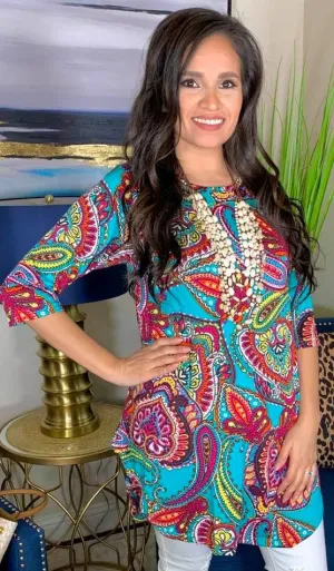 S/M : Turquoise Multi Paisley Scoop Tunic