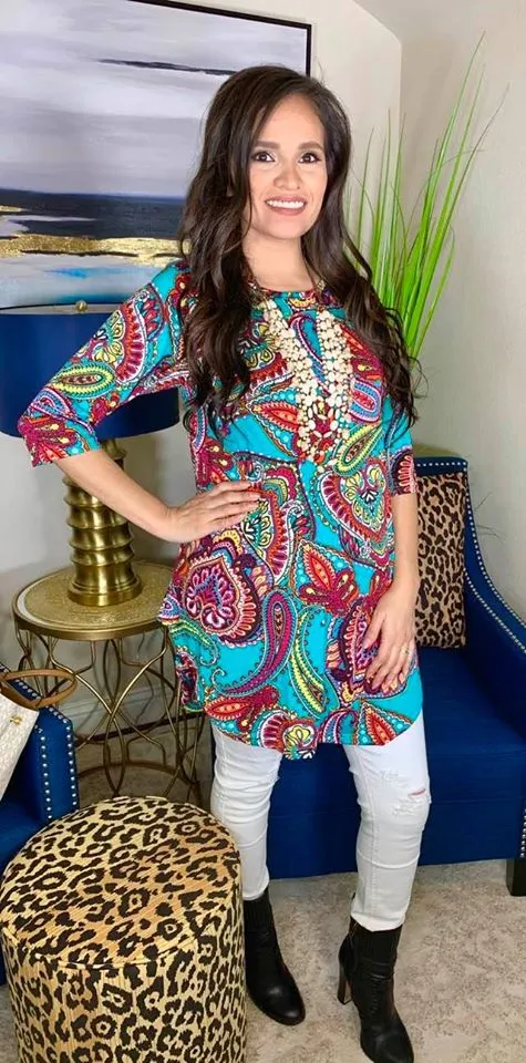 S/M : Turquoise Multi Paisley Scoop Tunic