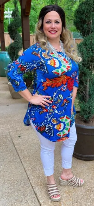 S,M,L : Blue Floral Scoop Tunic Top