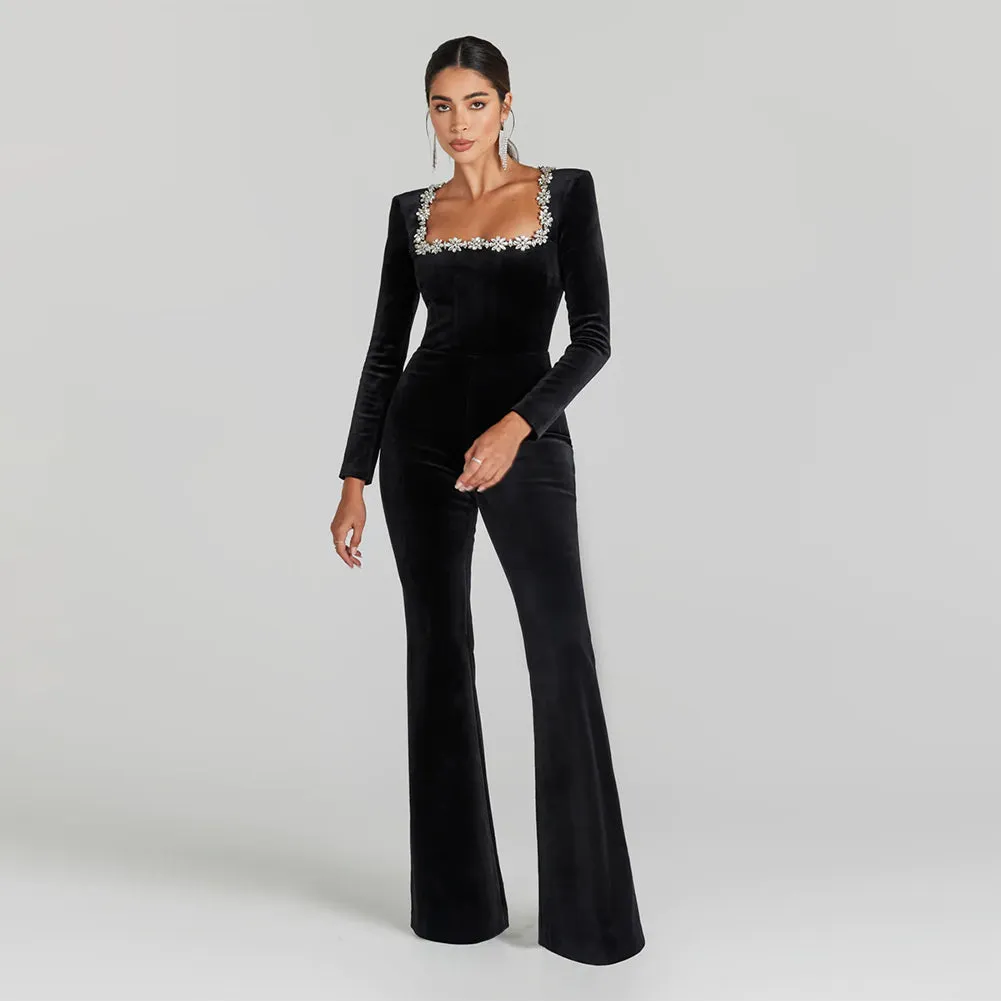 Square Collar Plain Bandage Jumpsuit HL9558