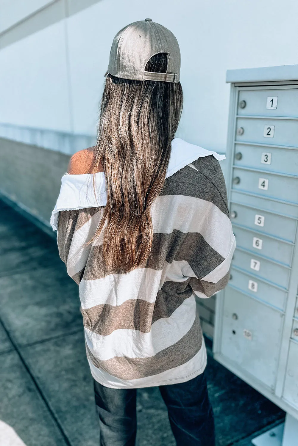 Stripe Oversized Collared Long Sleeve Top