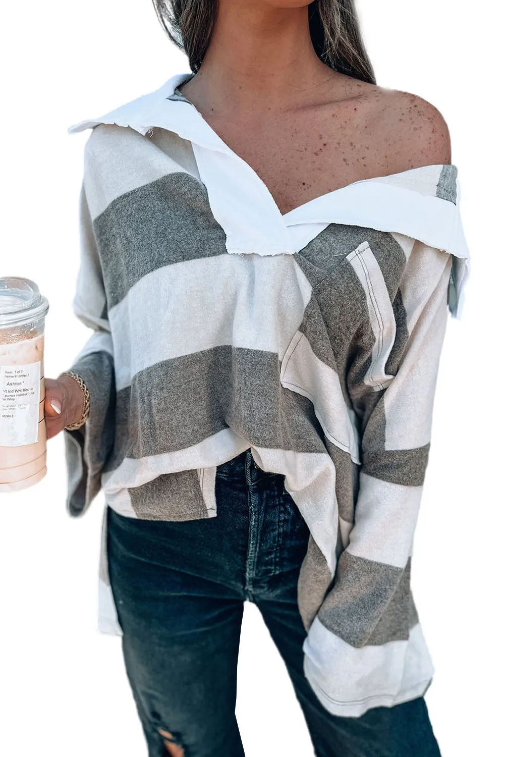 Stripe Oversized Collared Long Sleeve Top