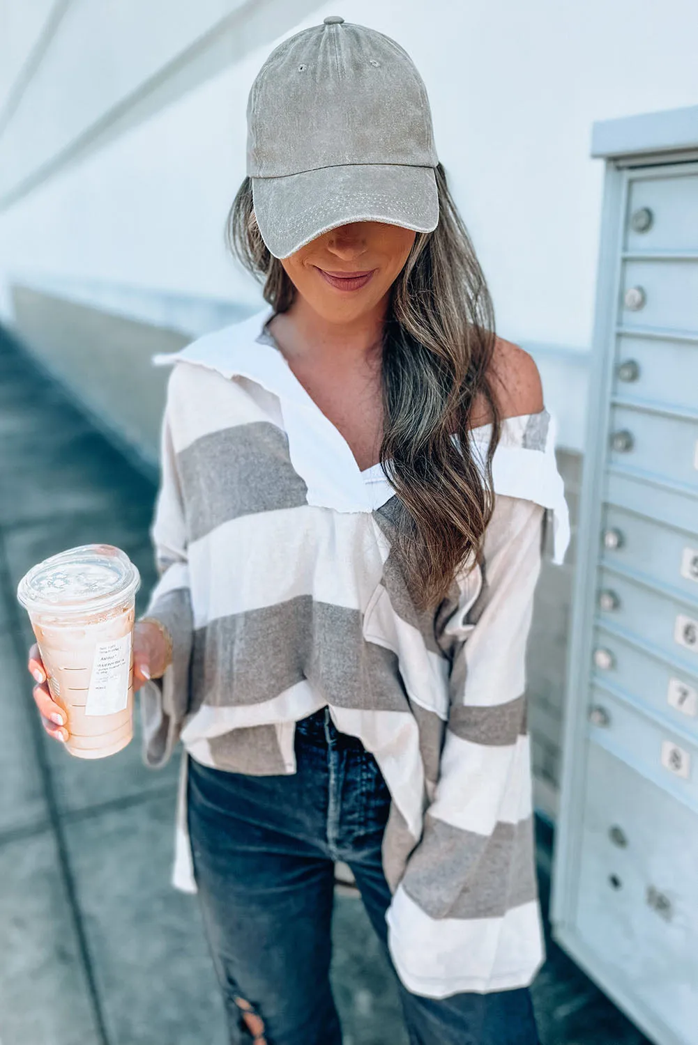 Stripe Oversized Collared Long Sleeve Top