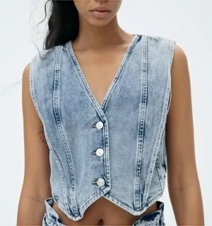 Structured Denim Vest with Button Detail