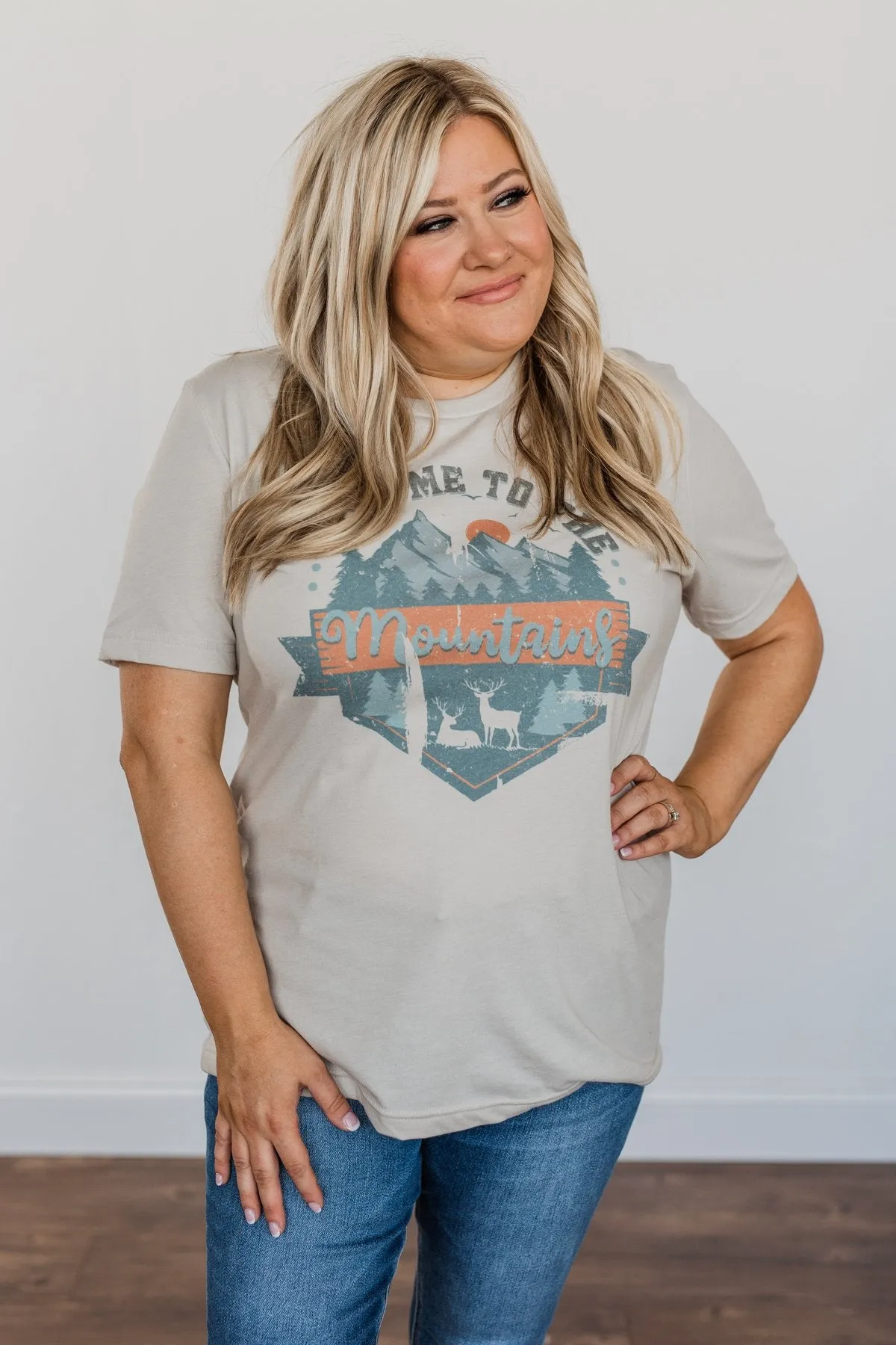 Stunning "Take Me To The Mountains" Graphic Top- Dusty Beige