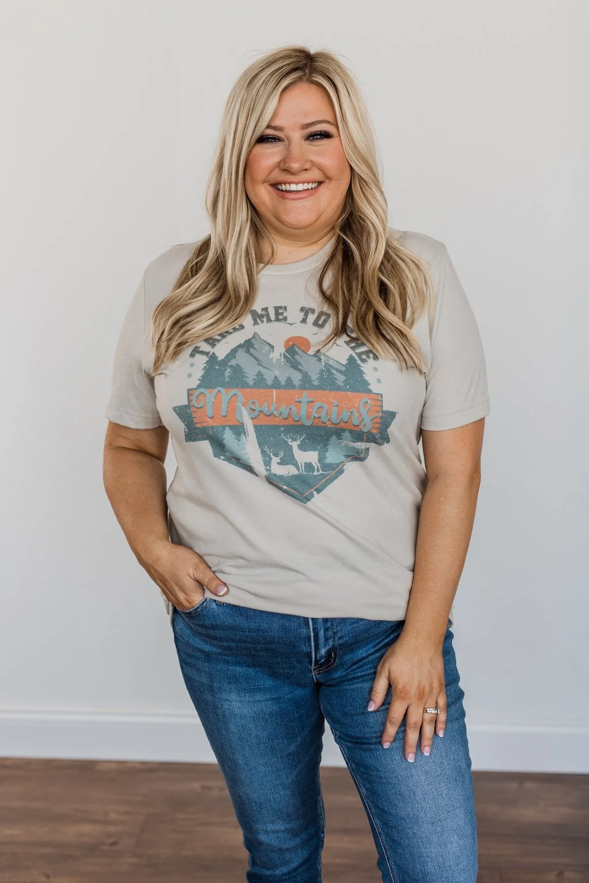 Stunning "Take Me To The Mountains" Graphic Top- Dusty Beige
