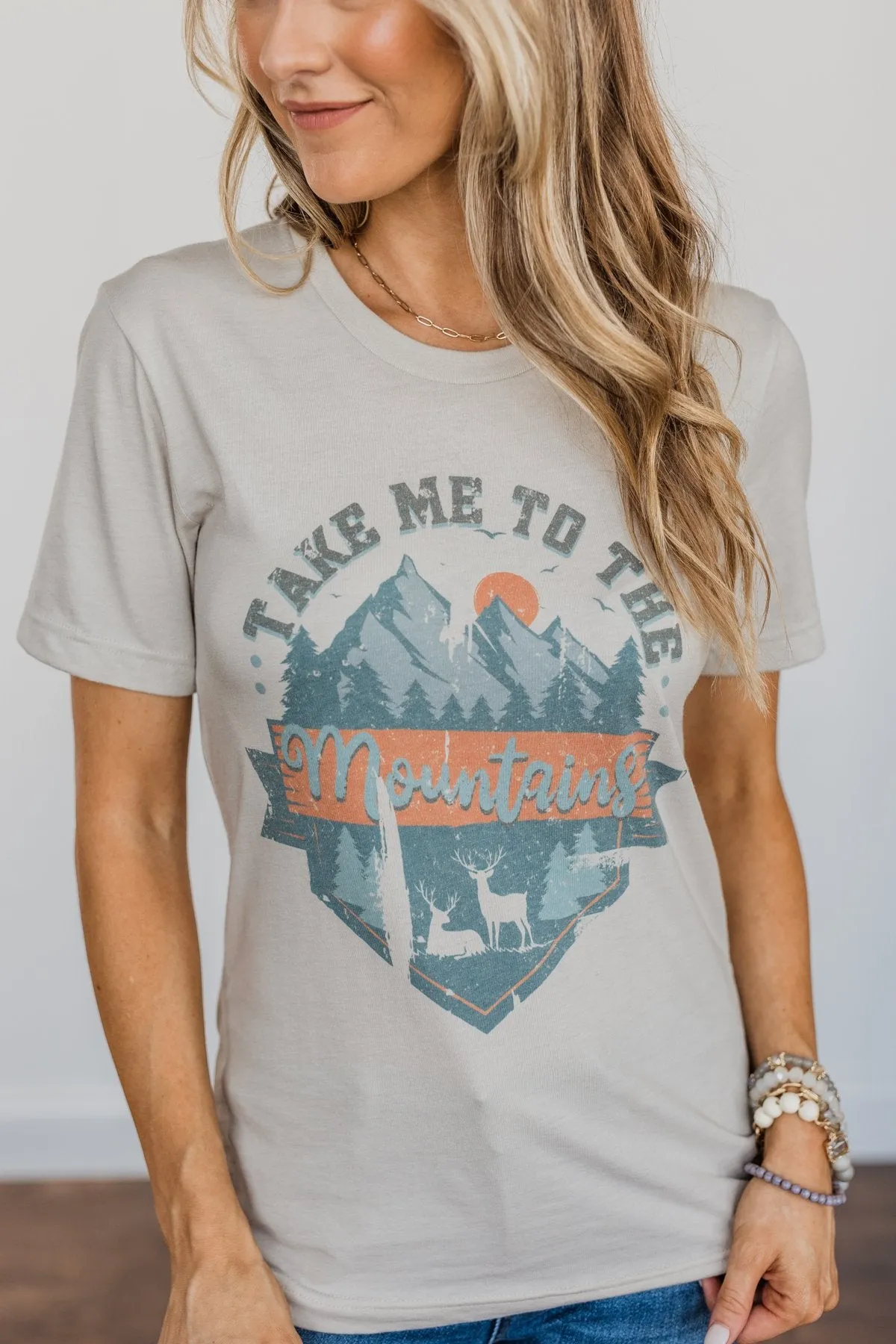 Stunning "Take Me To The Mountains" Graphic Top- Dusty Beige