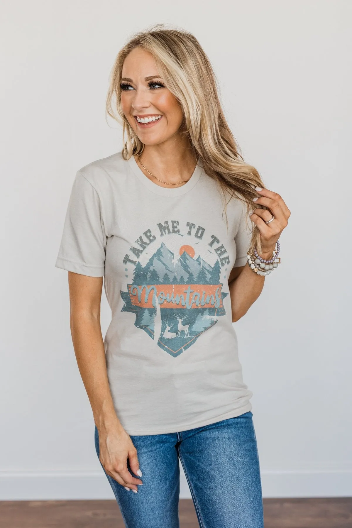 Stunning "Take Me To The Mountains" Graphic Top- Dusty Beige