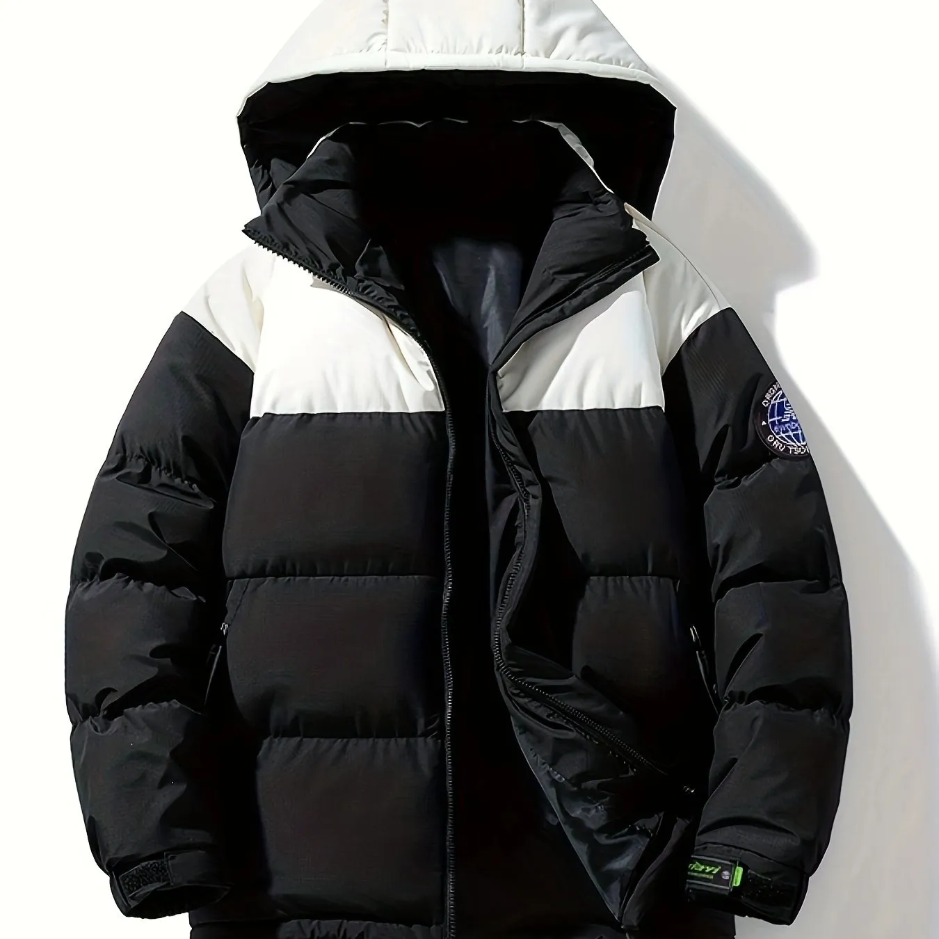 Stylish Color-Blocked Zip-Up Hooded Puffer Jacket - Men's Windproof and Warm Long Sleeve Casual Outerwear for Autumn and Winter - Water-Resistant, Lightweight, and Packable Design