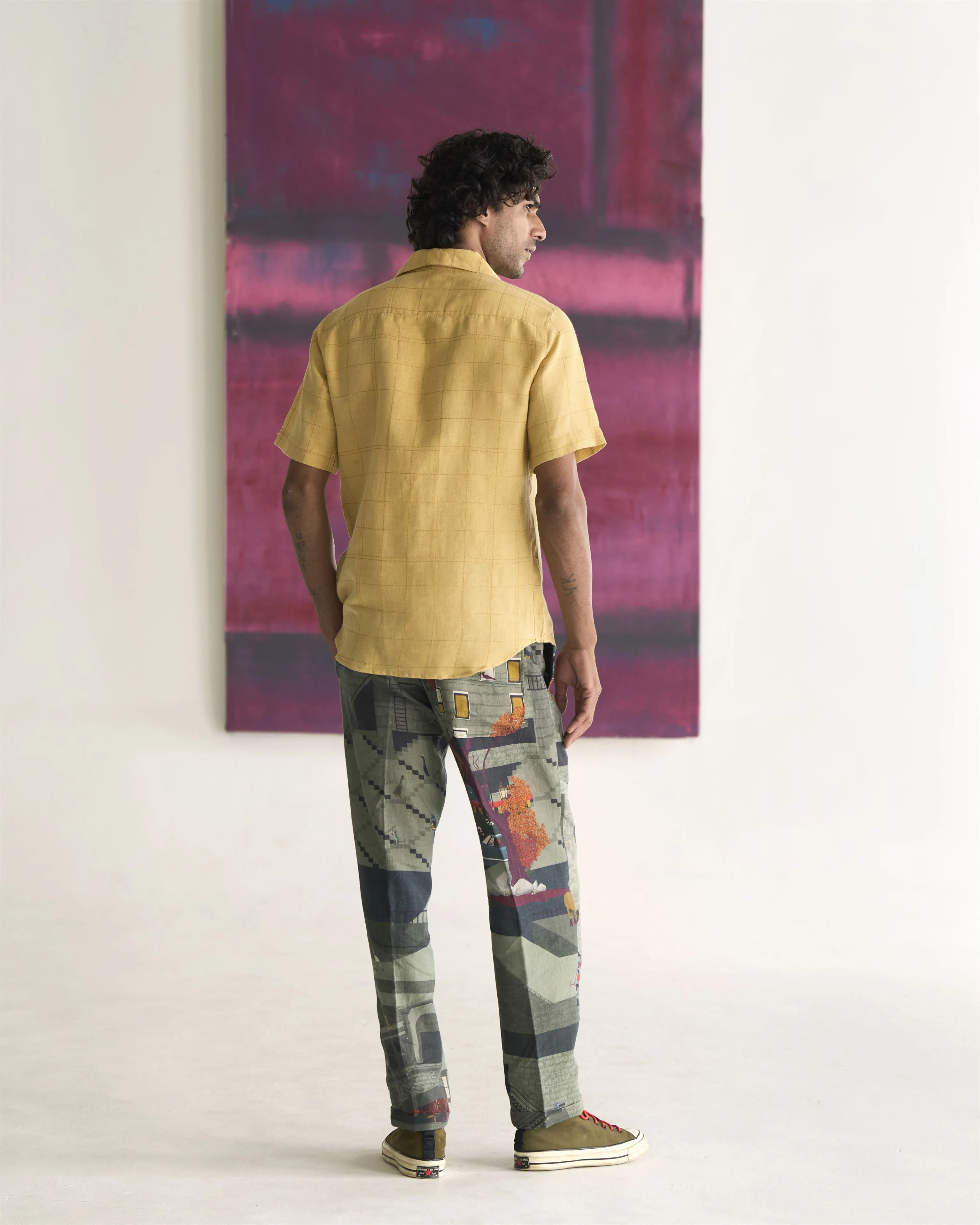 Summer Bush Shirt Yellow Check Dhagai Cotton Linen S413CL113 SuketDhir