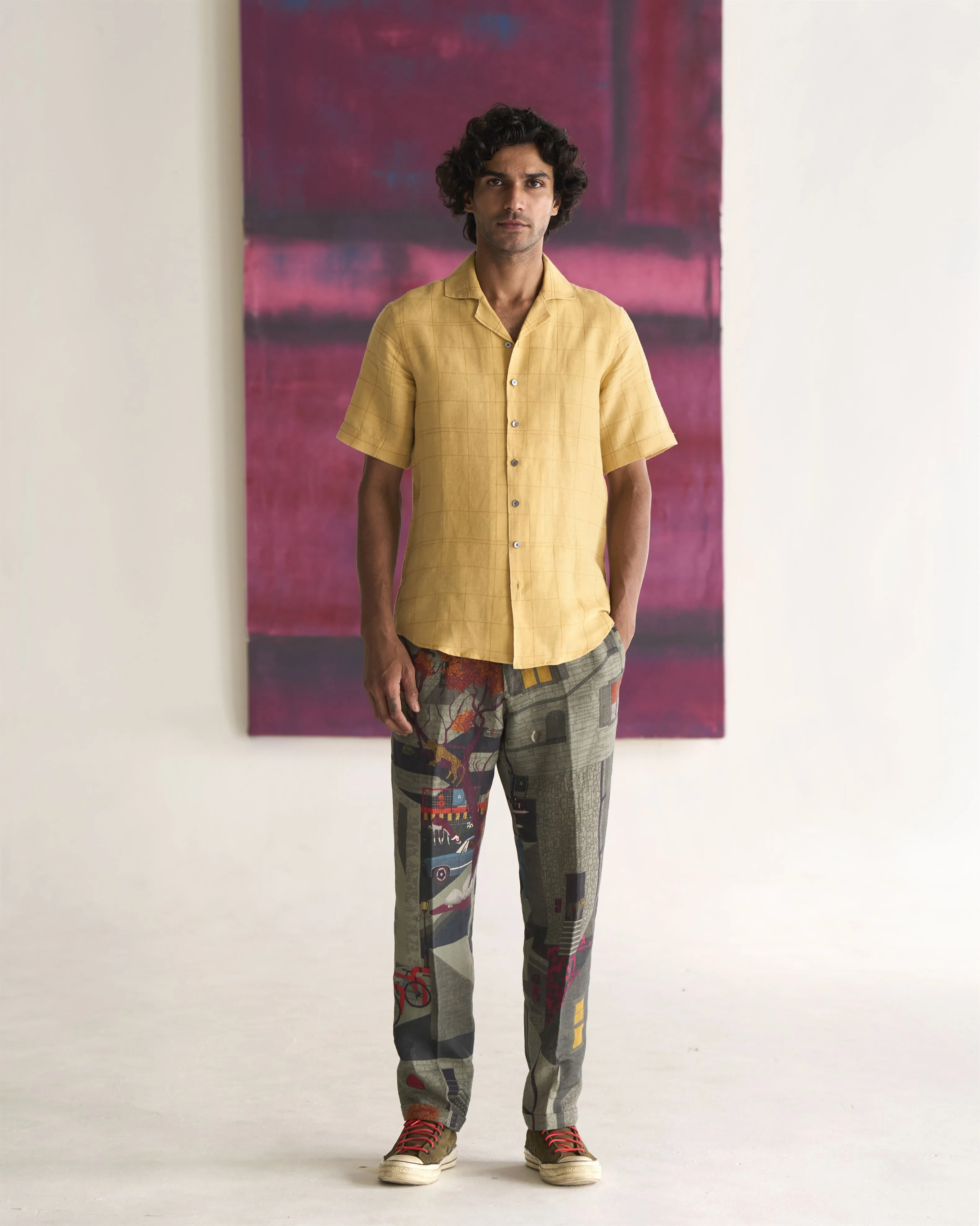 Summer Bush Shirt Yellow Check Dhagai Cotton Linen S413CL113 SuketDhir