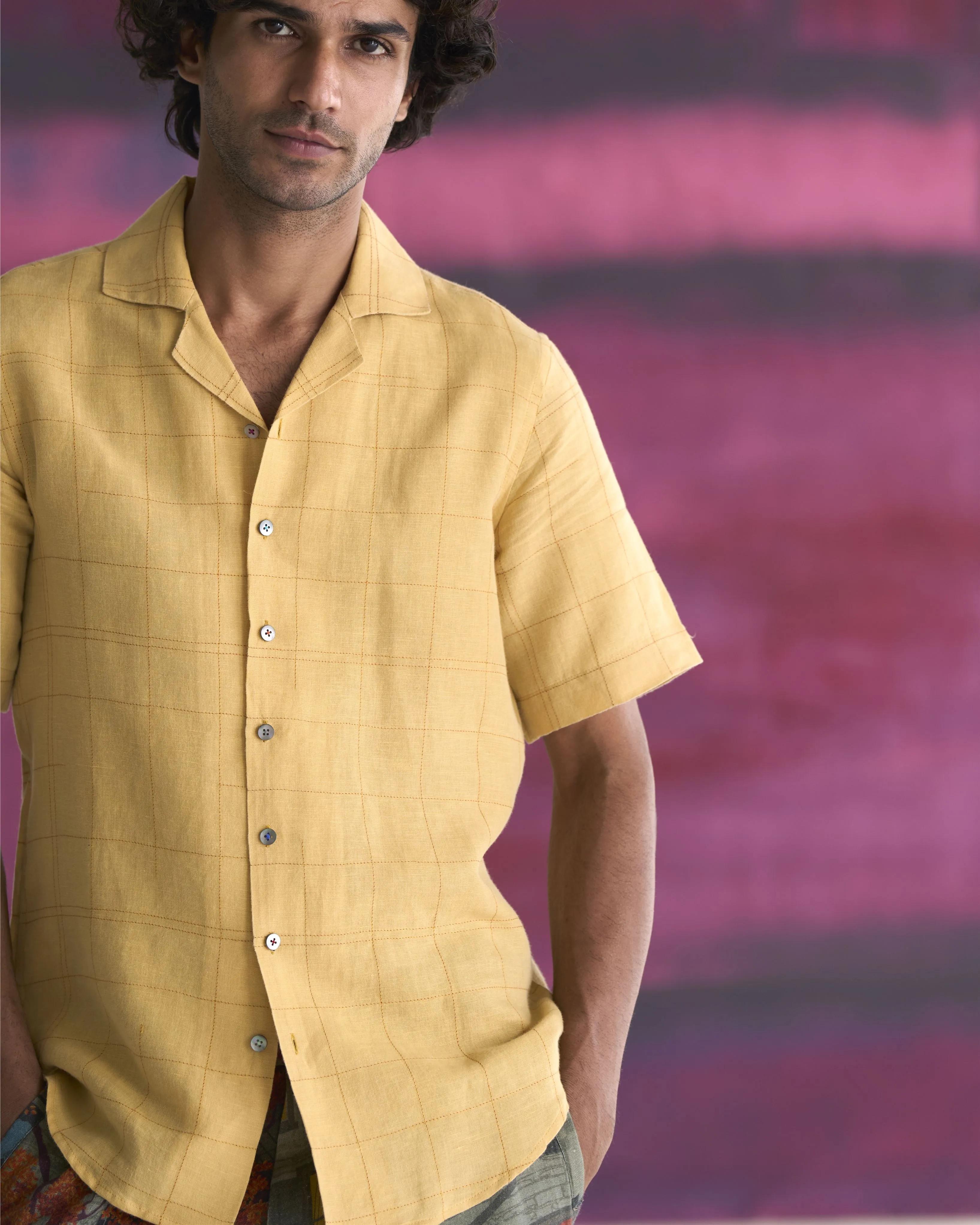 Summer Bush Shirt Yellow Check Dhagai Cotton Linen S413CL113 SuketDhir