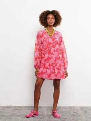 Tie Collar Patterned Long Sleeve Women Dress