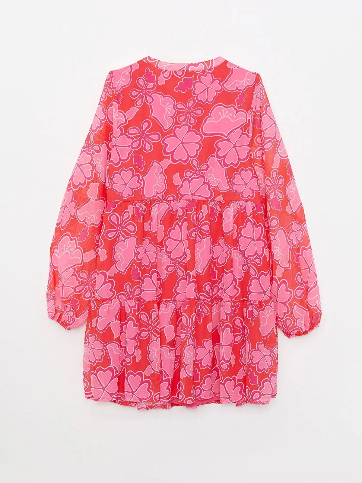 Tie Collar Patterned Long Sleeve Women Dress