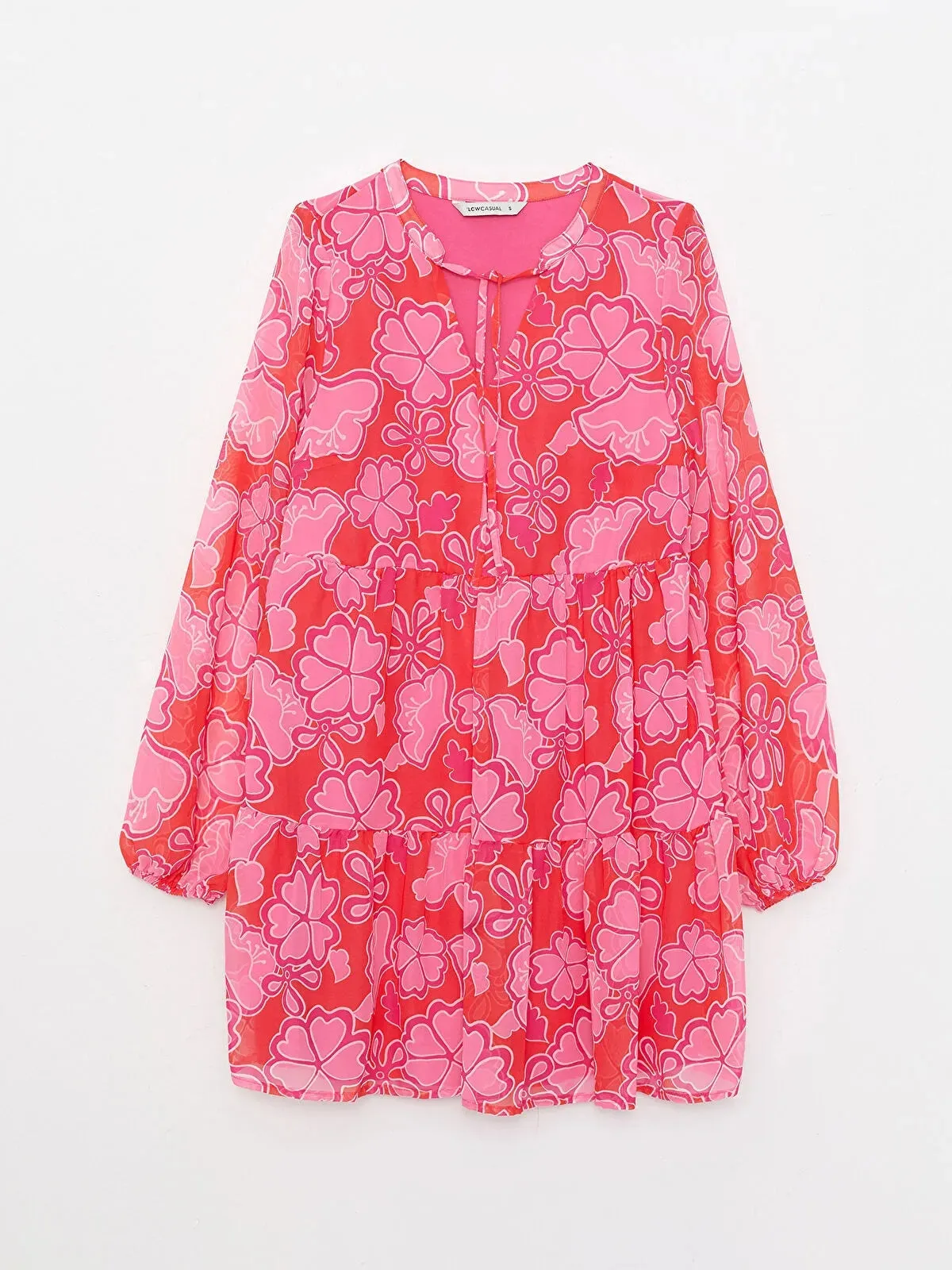 Tie Collar Patterned Long Sleeve Women Dress