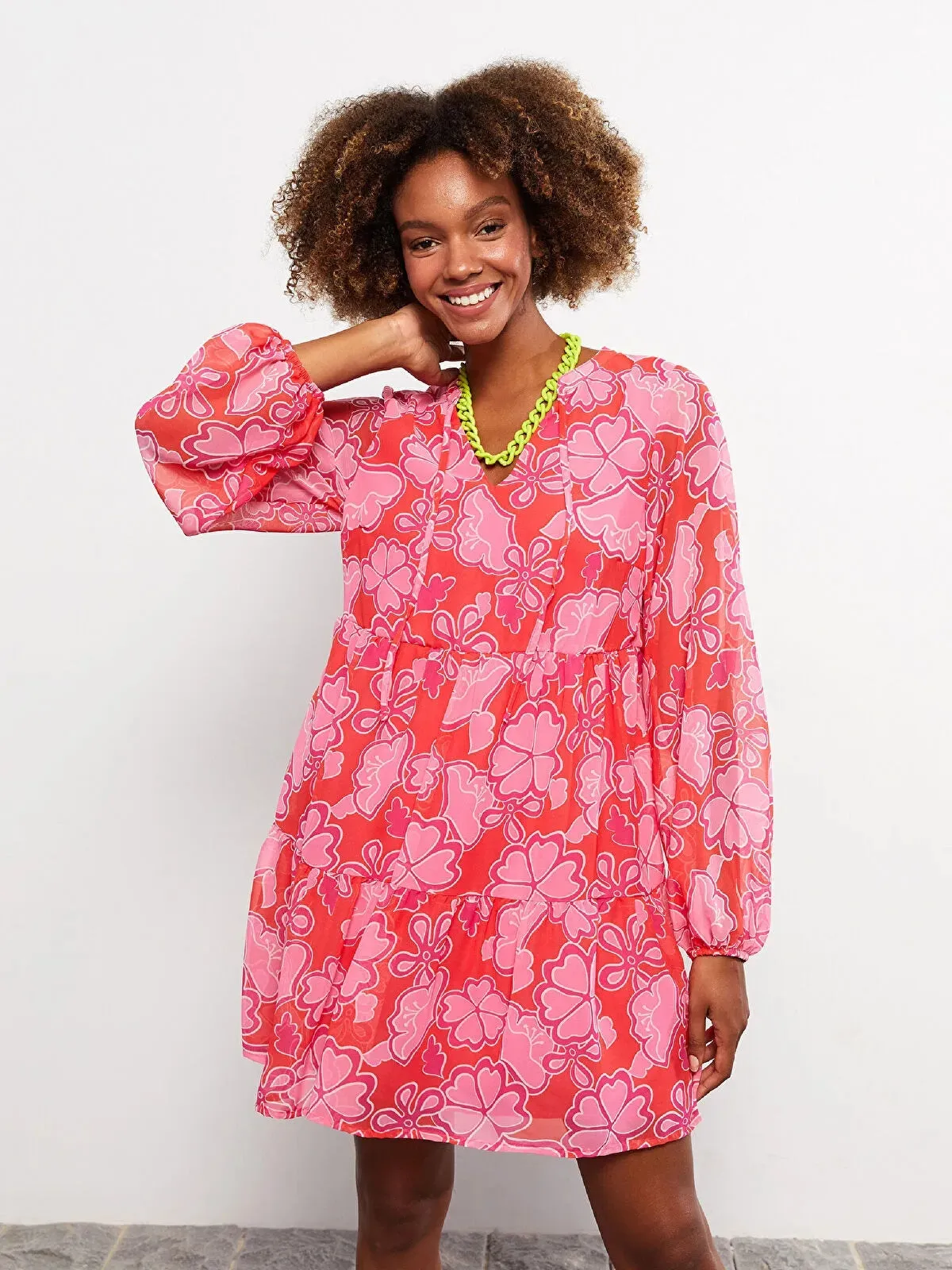 Tie Collar Patterned Long Sleeve Women Dress