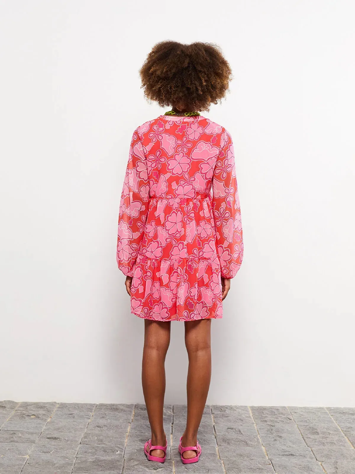 Tie Collar Patterned Long Sleeve Women Dress