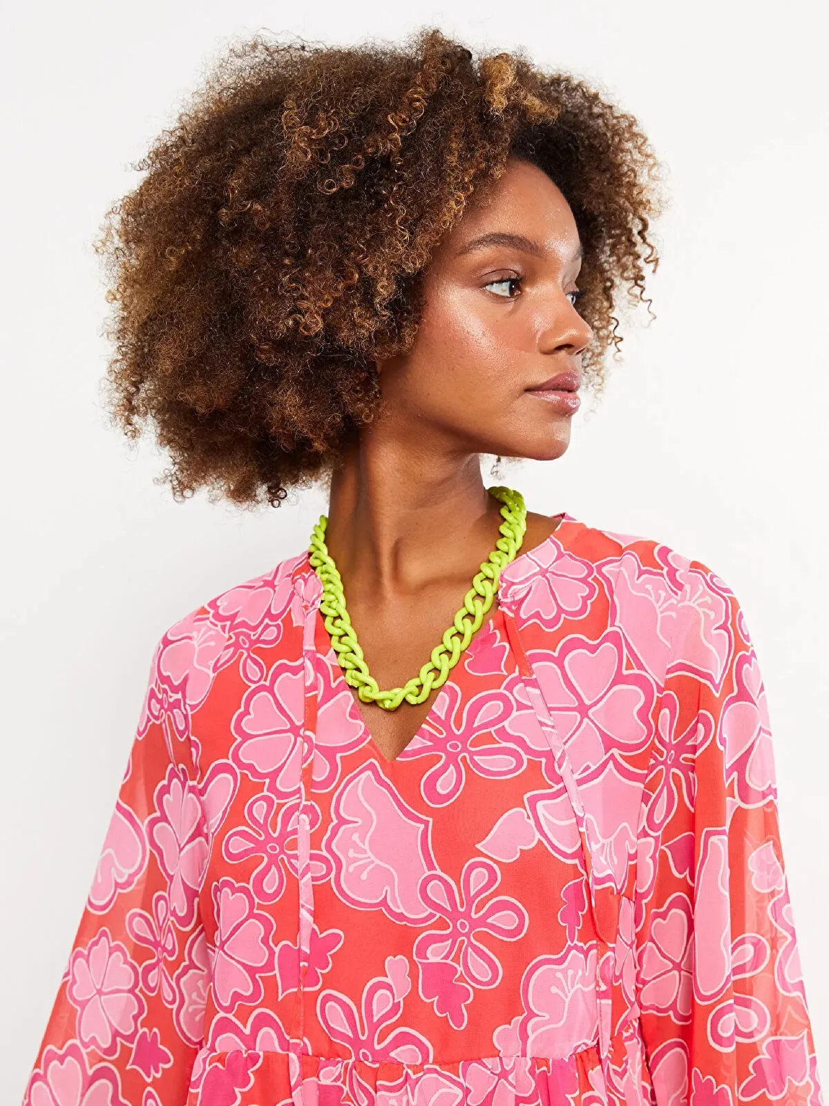 Tie Collar Patterned Long Sleeve Women Dress