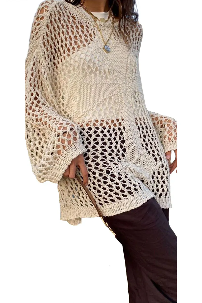 TR3343 Crochet Long Sleeve Shirt Top Outerwear